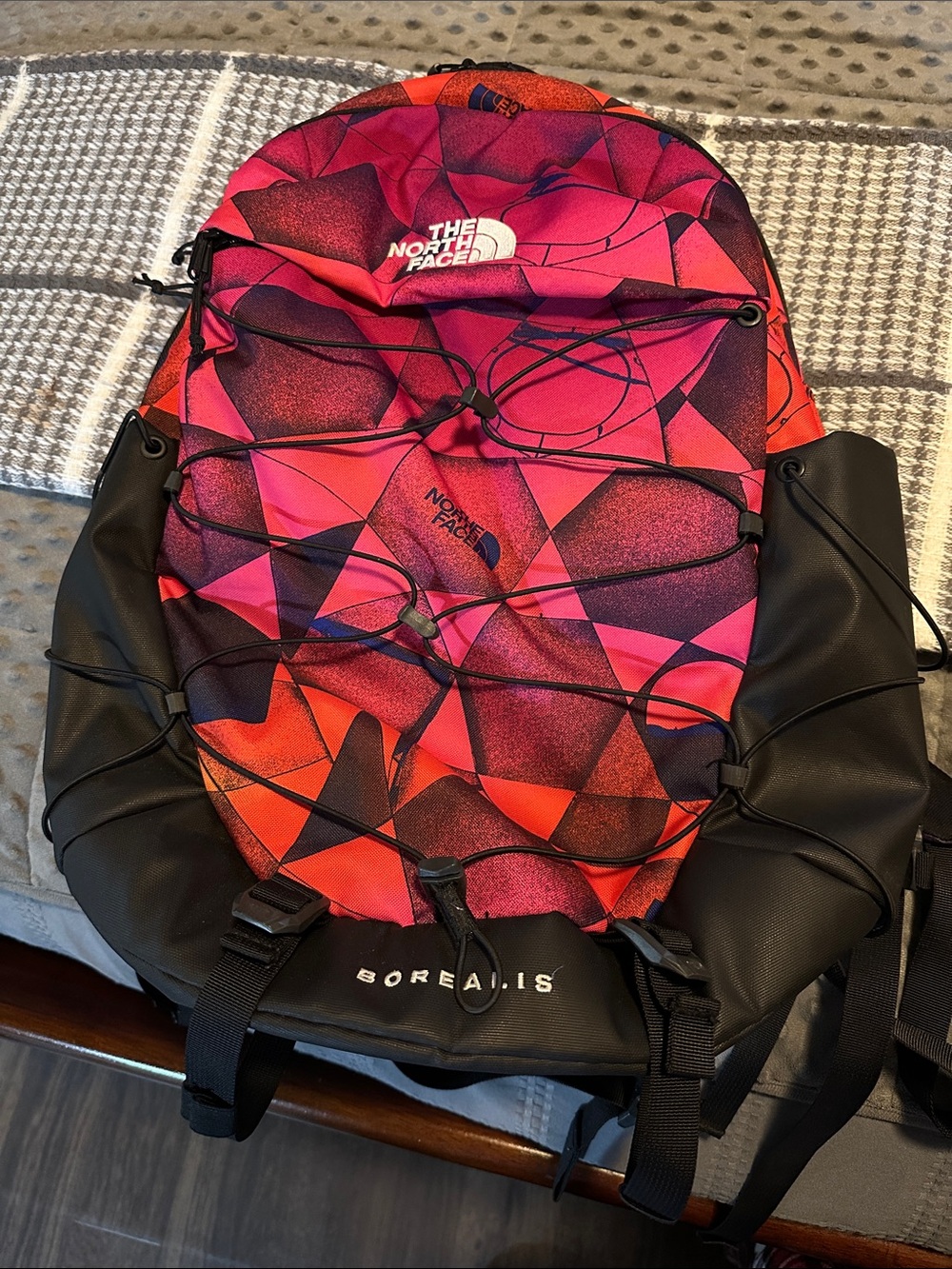 The North Face Borealis Backpack in Pink and Red Graphic Print